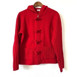 Red 100% Wool Toggle Cardigan L Hooded Sweater Light Coat Cozy Cabin Cottage